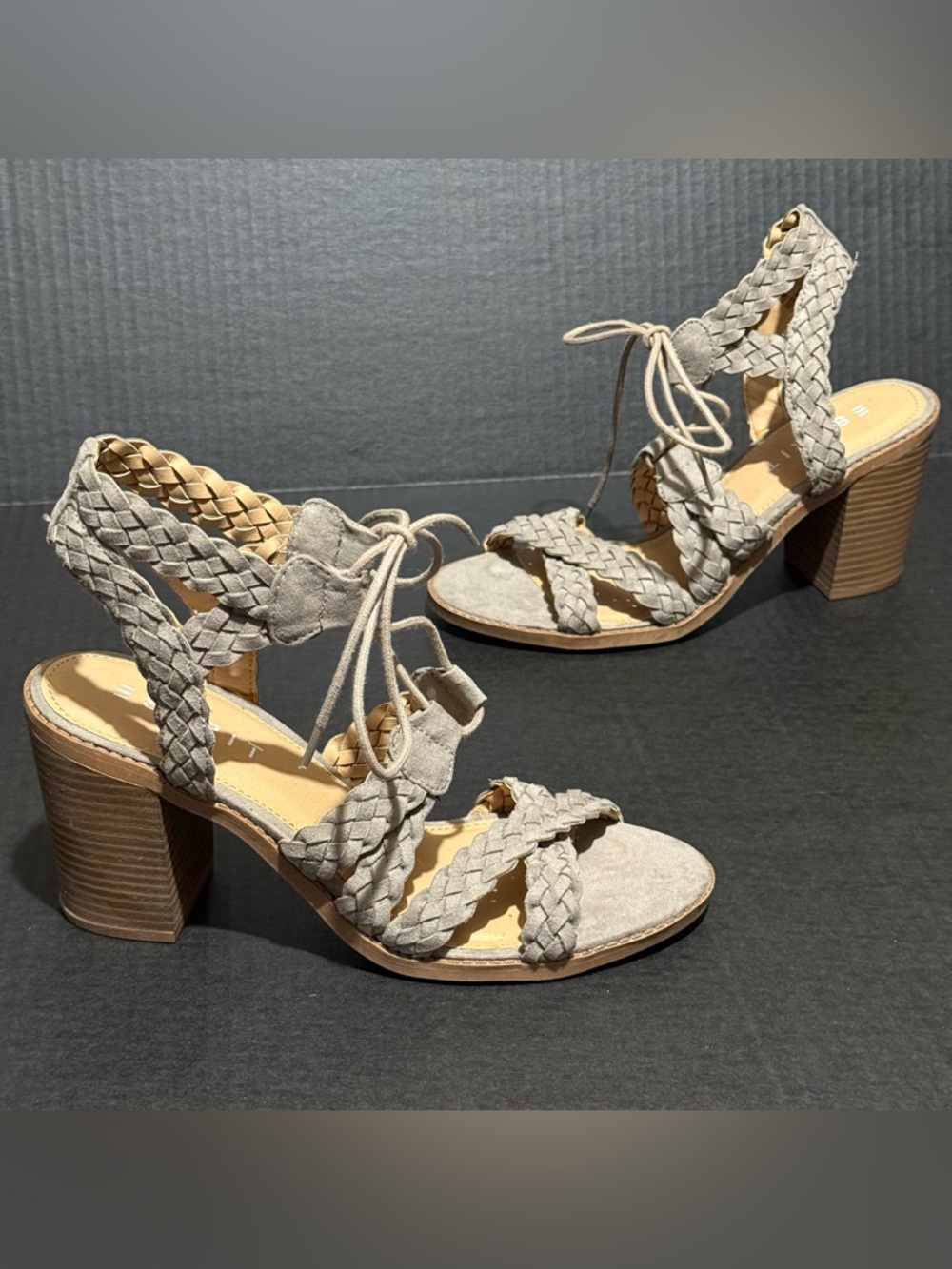 ESPRIT Size 9 Taupe Braided Lace-up Tan Stacked Block Summer Sandal Heels